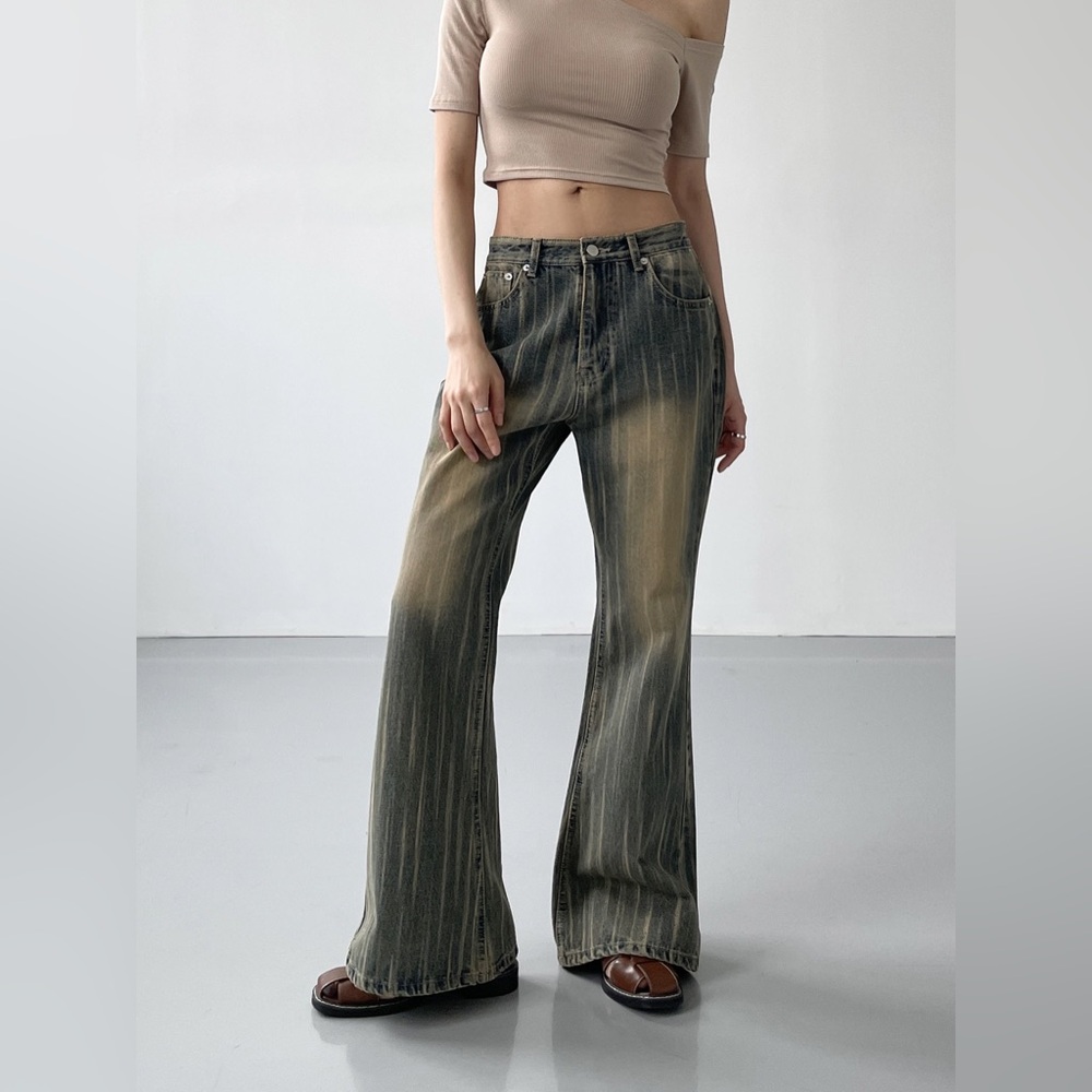 Y2K Vintage Washed Wide Leg Jeans Size Small Flare Striped Kawaii Retro
